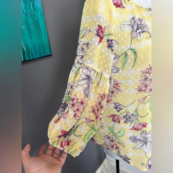 Women’s Small Swiss Dot SHEER Yellow Floral Blouse Keyhole‎ Cottagecore Dainty - Picture 9 of 16